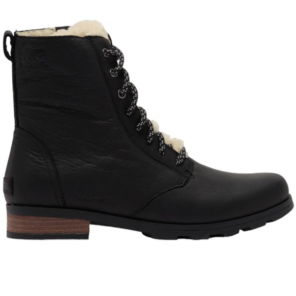 New In Box SOREL Emelie Genuine Shearling Short Lace-Up Leather Boots Sz 9 Black - Picture 3 of 5